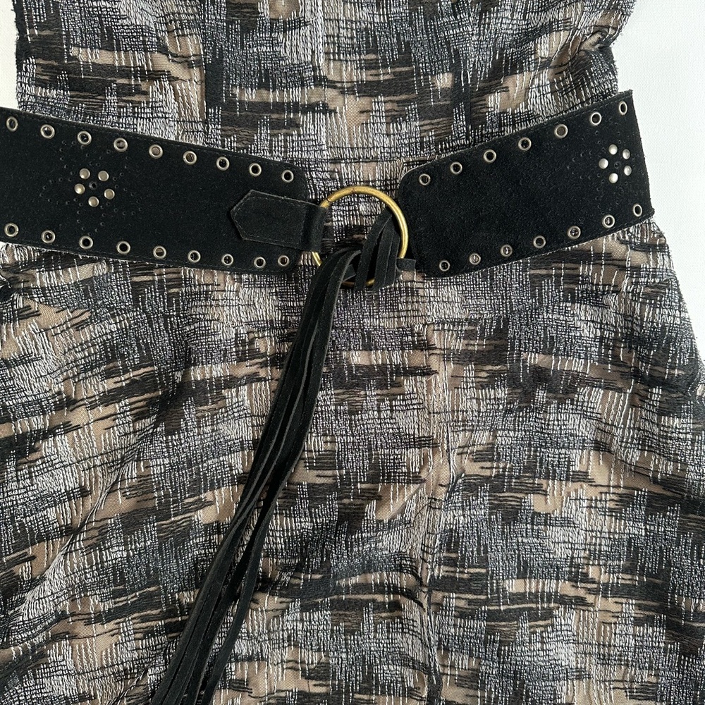 Vintage Laura Belt, Black Suede Fringe, Boho, Hippie, Metal Grommets, Star